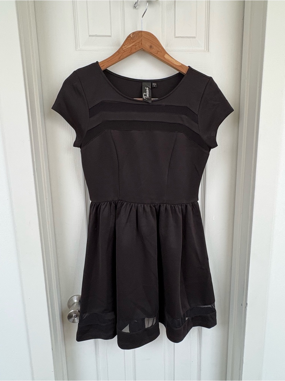 Trixxi Black Cap-Sleeve Fit & Flare Dress with Sheer Hem